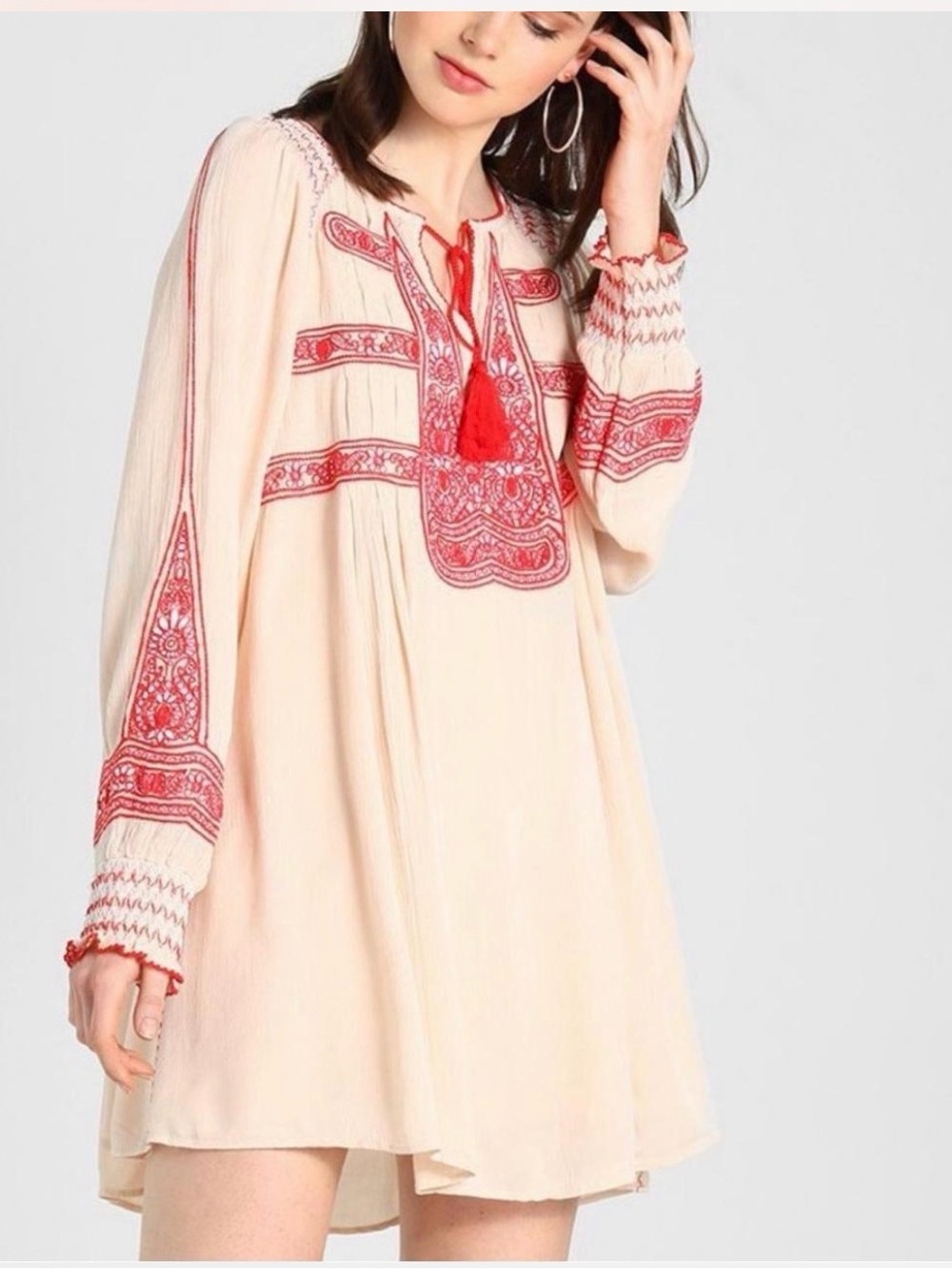 Free People Cream Boho Mini Dress with Red Embroidery